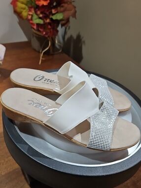 Onex White & Silver Slide Mules with Glitter Crossover Strap